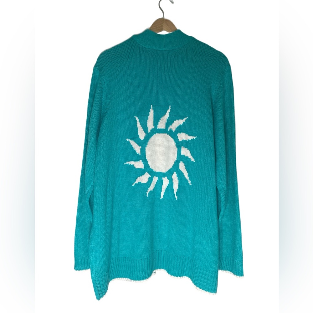 D&Co Women’s Open Front Sweater‎ Cardigan Teal Sun Wave Graphic QVC XL